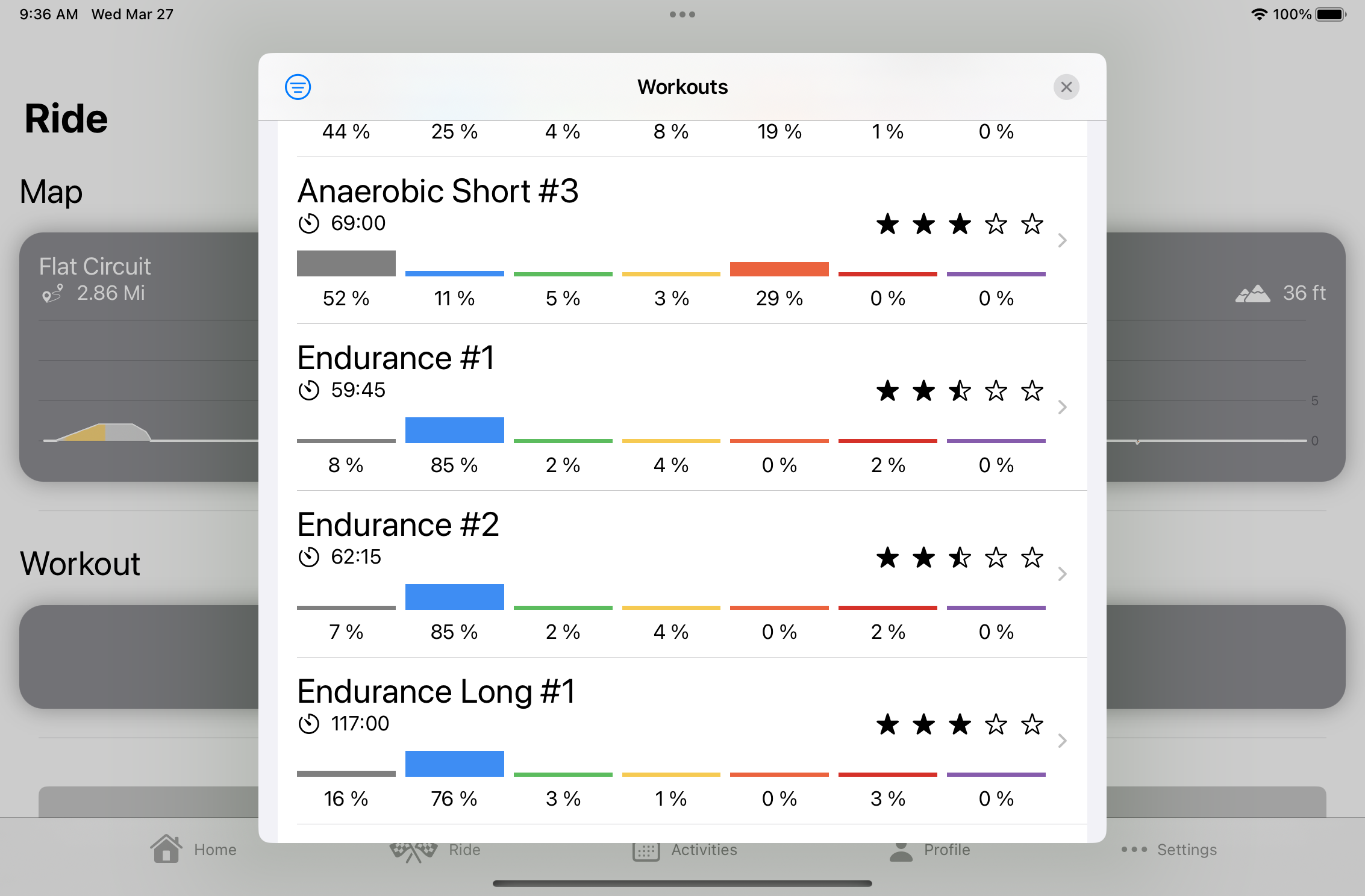 Klubz screenshot showing app available workouts